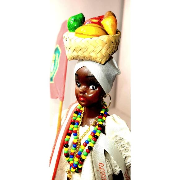 Vintage Rio de Janeiro Helln's Doll w/Fruit Hat, Beaded Necklace & Flag Souvenir - Picture 6 of 12